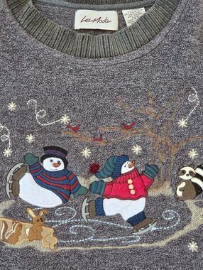 LeModa Ugly Christmas Sweater Embroidered Snowmen Raccoon Fleece M VTG Y2K EUC